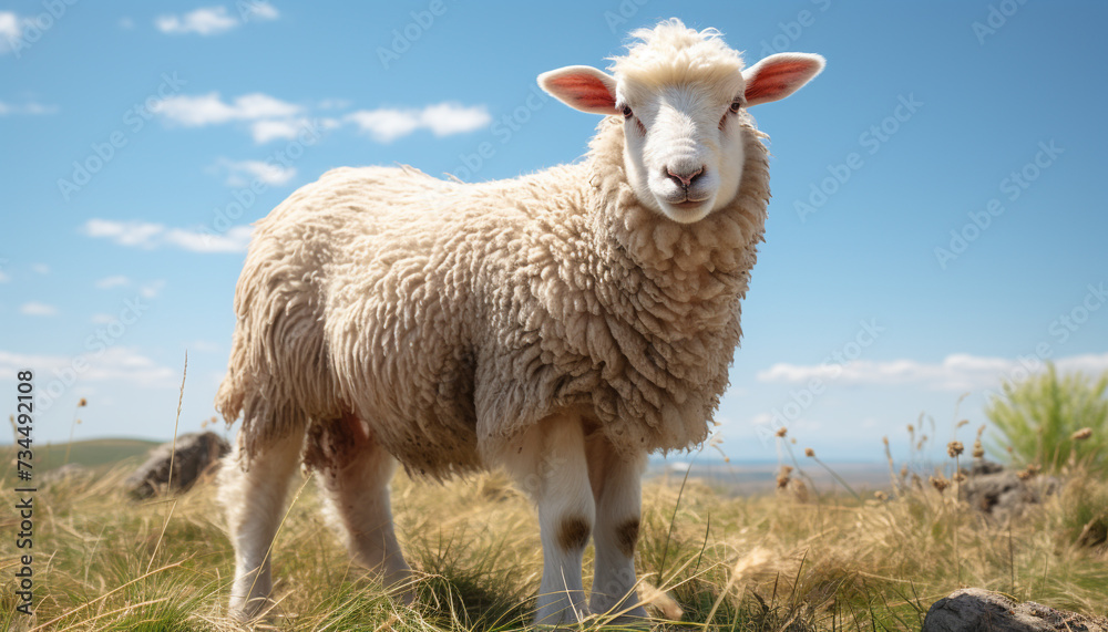 Fototapeta premium Cute lamb grazing in green meadow, looking at camera generated by AI