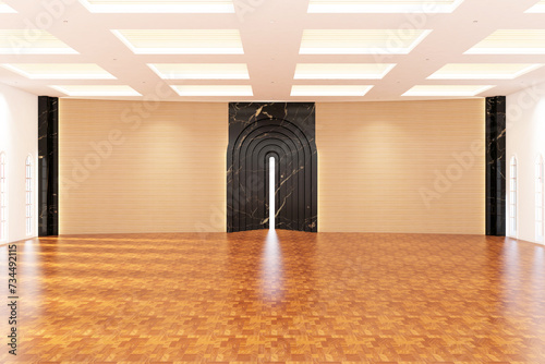 Contemporary interior of mosquel. Design 3d rendering of wood and black marble. Design print for illustration, ramadan, mock up, interior, background. Set 55 photo