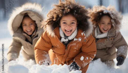 Smiling child playing in snow, cheerful winter fun outdoors generated by AI