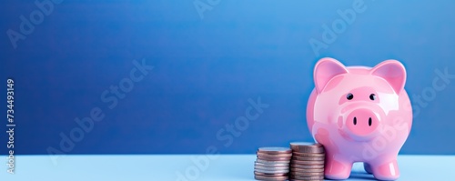 Financial saving and deposit, piggy bank with stack of golden coin on blue background