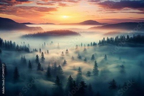 (2:3) enchanting aerial view of the vibrant magical foggy woods at sunset, evoking a sense of serenity and fantasy. Generative AI