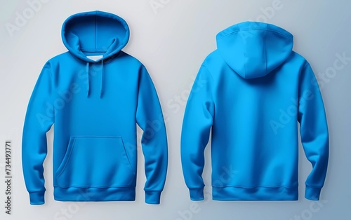 Blank blue hoodie sweater mock up template, front and back view, isolated on plain white hoodie sweater mockup.