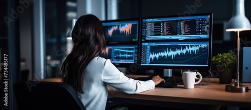 Financial analyst examining stock ticker display, business woman analyzing market trend