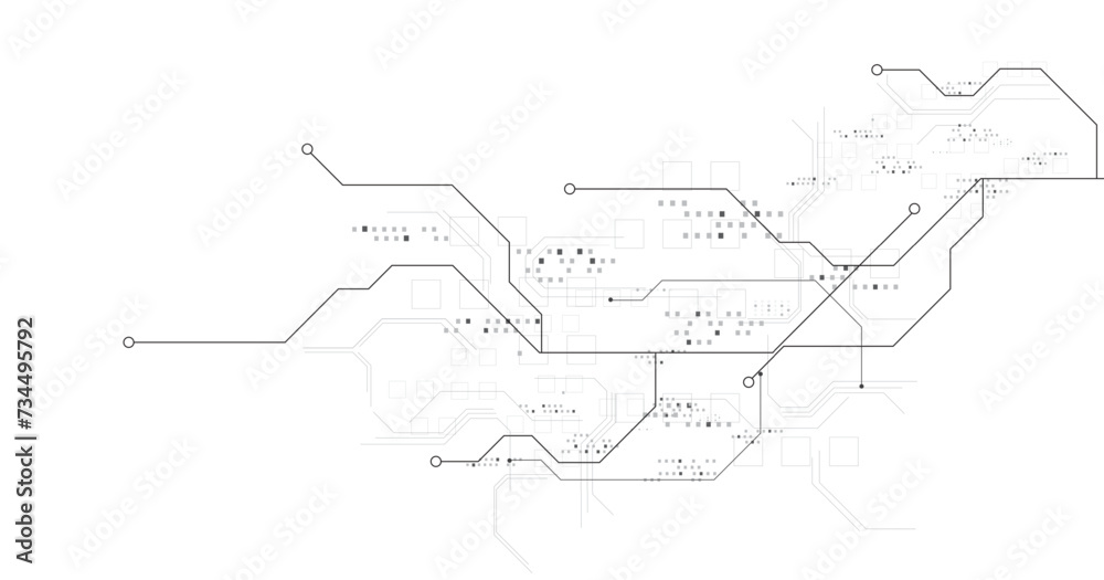 Obraz premium Black circuit diagram on white background. High-tech circuit board connection system.Vector abstract technology on a white background.