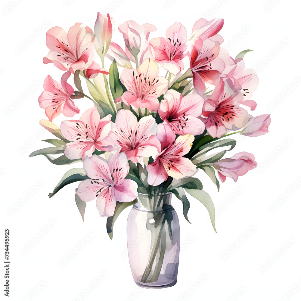 Alstroemeria in a Tall Glass Vase, colorful watercolors, watercolor illustration, cute cartoon , sharp outline, white background for removing background, single object.