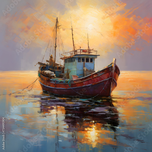 Palette of Dusk: A Rustic Fishing Boat Against the Resplendent Seaside Sunset