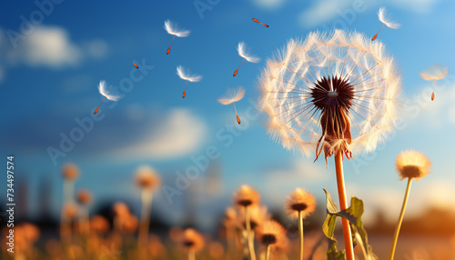 Fluffy dandelion seed flying in summer meadow, nature beauty generated by AI photo