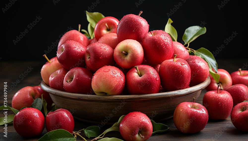 Freshness of ripe apple on wooden table, healthy eating generated by AI Freshness of ripe apple on wooden table, healthy eating generated by AI