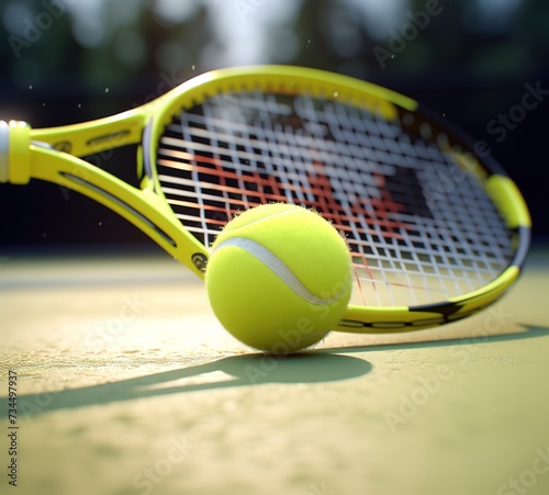 Tennis racket and tennis ball on the court