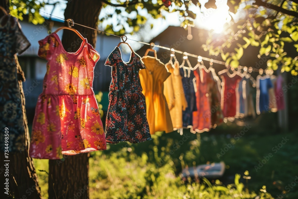 An array of colorful dresses drying on a clothesline in a sunny backyard, capturing a homely, carefree summer day. An array of colorful dresses drying on a clothesline in a sunny backyard, capturing a homely, carefree summer day.