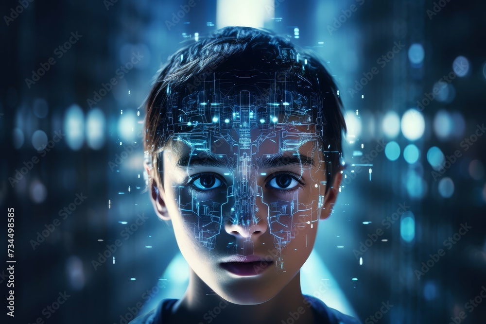 A young boy's face overlaid with glowing digital patterns, representing the intersection of childhood and the advancing digital age. A young boy's face overlaid with glowing digital patterns, representing the intersection of childhood and the advancing digital age.