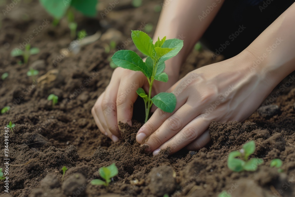 A person's hands gently placing a young plant into fertile soil, an act symbolizing growth, care, and the start of new life. A person's hands gently placing a young plant into fertile soil, an act symbolizing growth, care, and the start of new life.