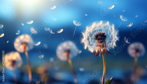 Fluffy dandelion seed flying in bright summer meadow generated by AI