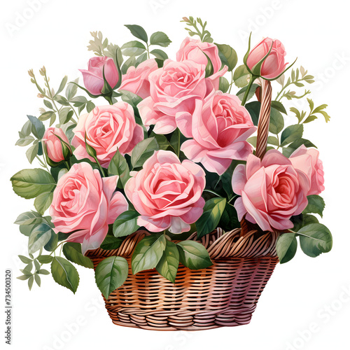 Pink rose arranged in a charming wicker basket  colorful watercolors  watercolor illustration  cute cartoon   sharp outline  white background for removing background  single object.