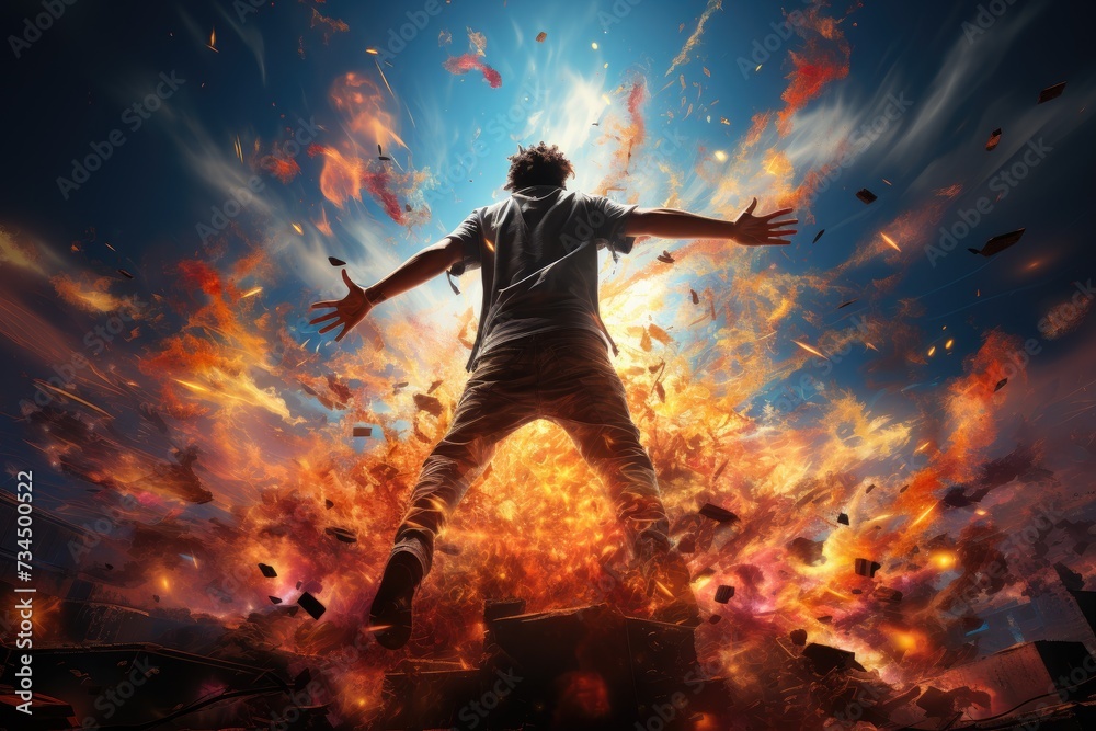 Energetic Jump: A performer leaping high in the air with energy Energetic Jump: A performer leaping high in the air with energy