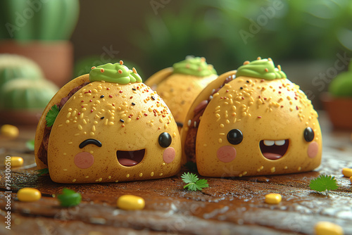 A cute and funny graphic showcasing the happy and fresh concept of traditional food, with a closeup of a smiling taco, embodying the tastiness and healthiness of this delightful cuisine. photo