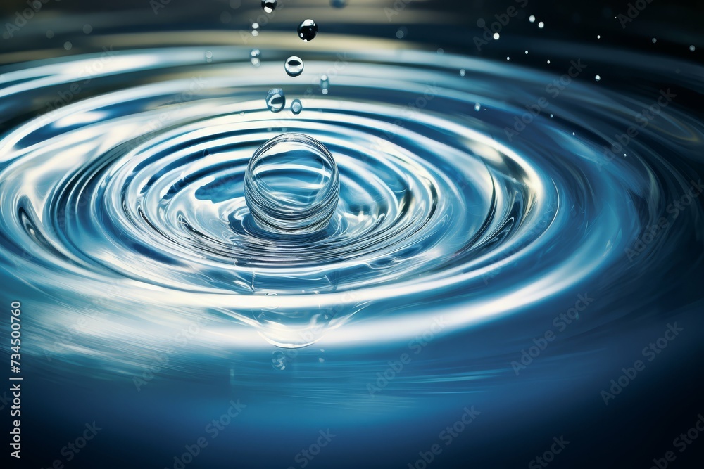 Close-up of a single water drop creating ripples on a serene water surface. Close-up of a single water drop creating ripples on a serene water surface.