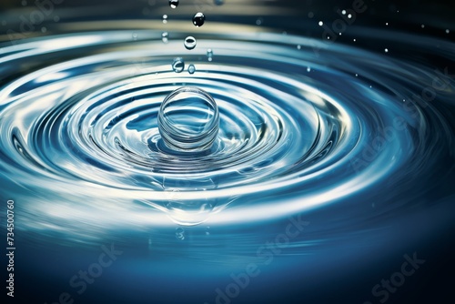 Close-up of a single water drop creating ripples on a serene water surface.