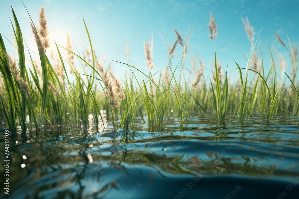 Calm waters with reeds under a blue sky, depicting tranquility and the beauty of nature. - obrazy, fototapety, plakaty 