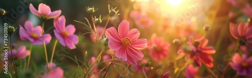 cosmos flowers are blooming and sunlight. generative ai