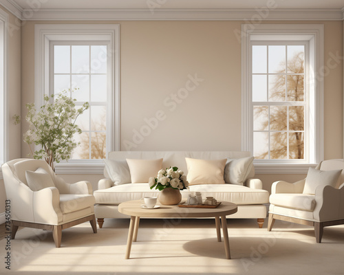 Sunny Living Room Decor with Beige Tones and Comfortable Seating Arrangement