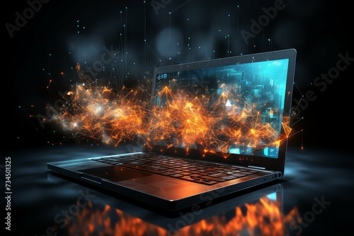 A laptop displaying dynamic fiery data analytics, symbolizing powerful computing and information processing.