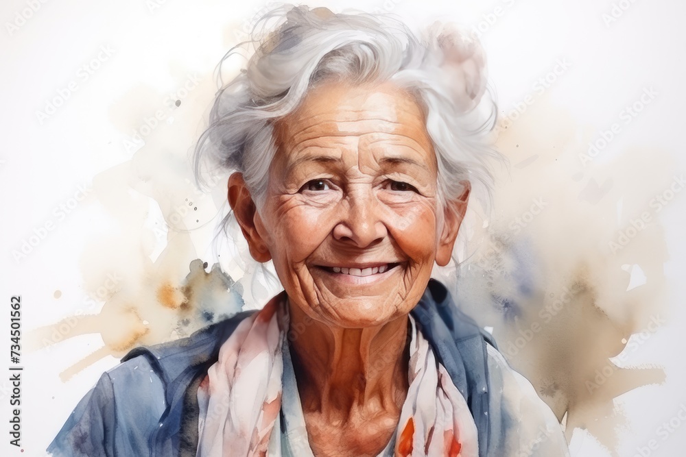 Watercolor portrait of a beautiful elderly woman.
