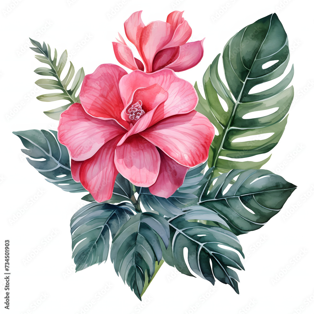 Pink rose combined with large monstera leaves for a modern twist