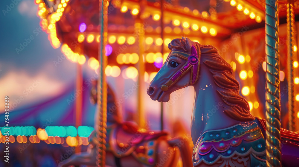 An enchanting carousel horse on a merry-go-round with twinkling lights as the evening descends on the fairground.
