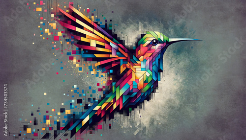 A digital deconstructivist style image of a hummingbird photo