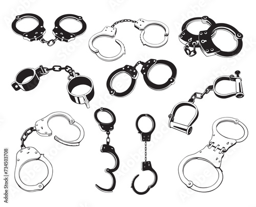 Handcuff open and closed metallic jail cuffs with chain black icon set isometric vector illustration