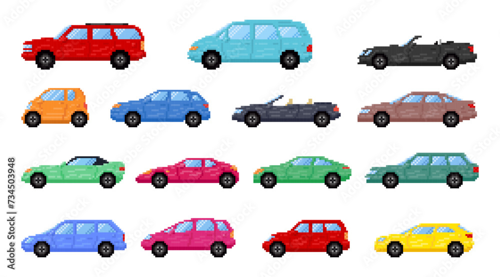 Pixel colored car automobile graphic image virtual video gaming cybersport set vector flat