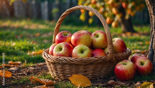 Fresh ripe red apples in a basket in the garden, organic fruits.