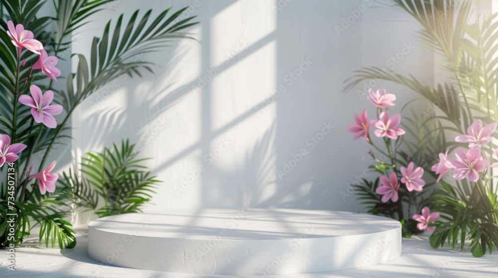 white studio background for product podium presentation empty room with shadows of windows, flowers and tropical  palm leaves in a 3D room with copy space summer concert blurred backdrop