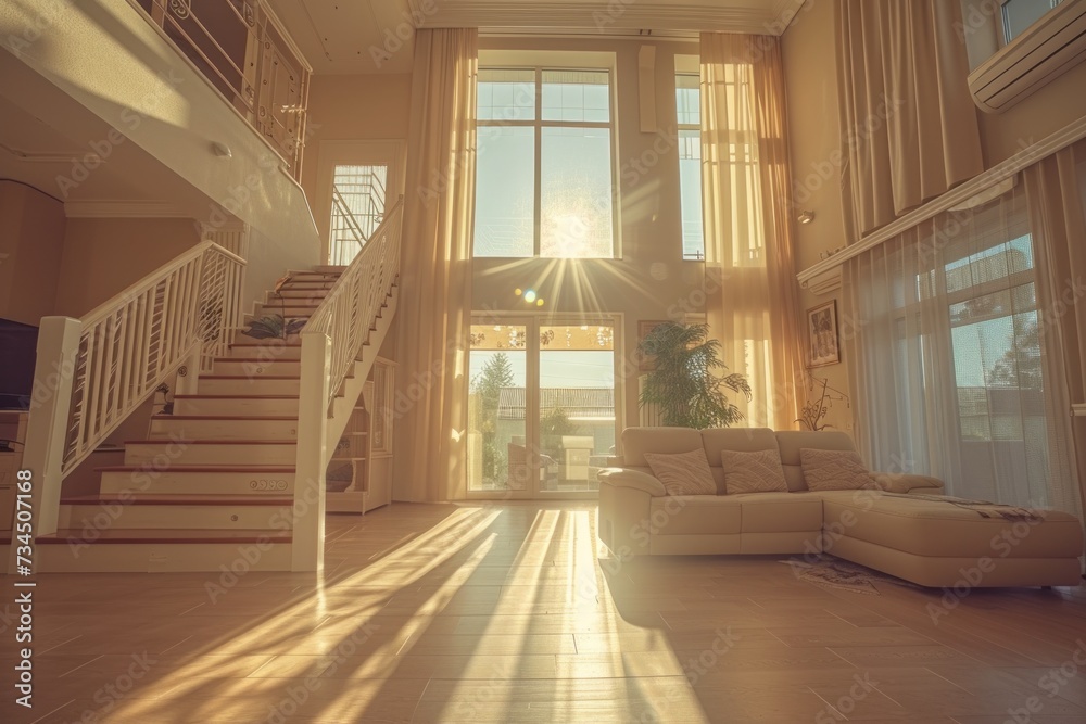 Obraz premium A two-story living room with bright wood tones and a minimalist design. Bright rooms in wood tones. For advertising and open plan interior design