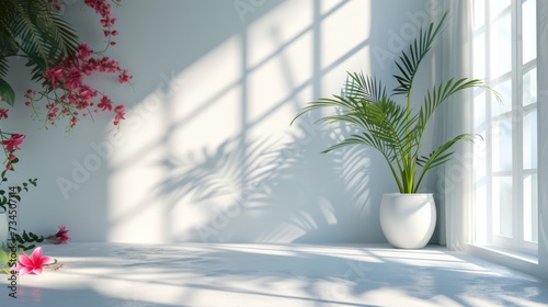 white studio background for product podium presentation empty room with shadows of windows, flowers and tropical palm leaves in a 3D room with copy space summer concert blurred backdrop