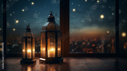 Ramadan background. Design arabian gold vintage lantern, golden crescent moon. Arabic calligraphic text of Ramadan Kareem. Greeting card, banner, poster. Traditional Islamic holy holiday