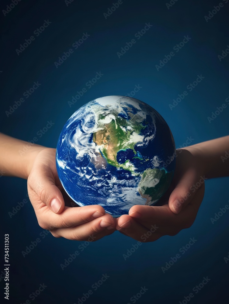 Earth day, Human hands holding blue earth, save earth concept - generative ai Earth day, Human hands holding blue earth, save earth concept - generative ai