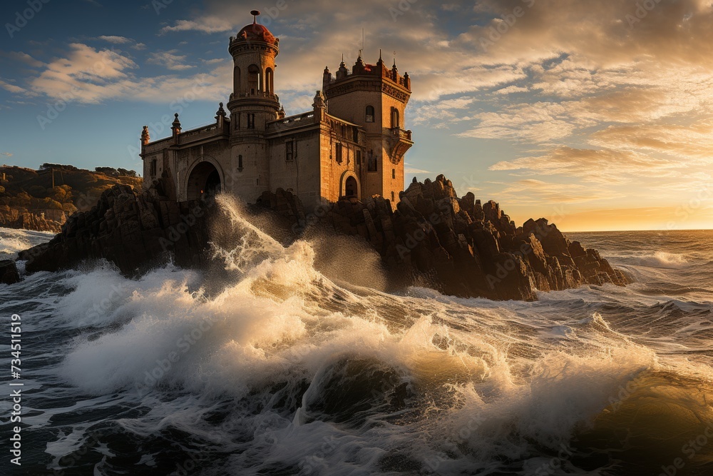 Picturesque castle on the serene seashore with gentle waves caressing its majestic base
