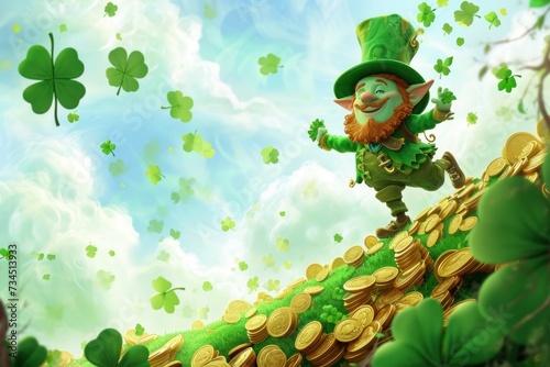 A little green leprechaun stands atop a stack of glittering gold coins