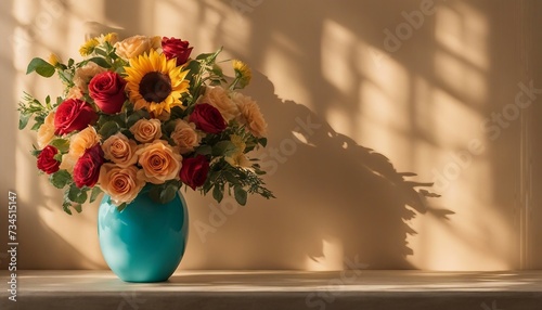 Sunflowers and Roses Radiate in a Turquoise Ceramic Vase's Glow photo