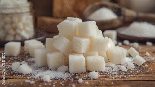 Heap of White Sugar Cubes on Wooden Background
