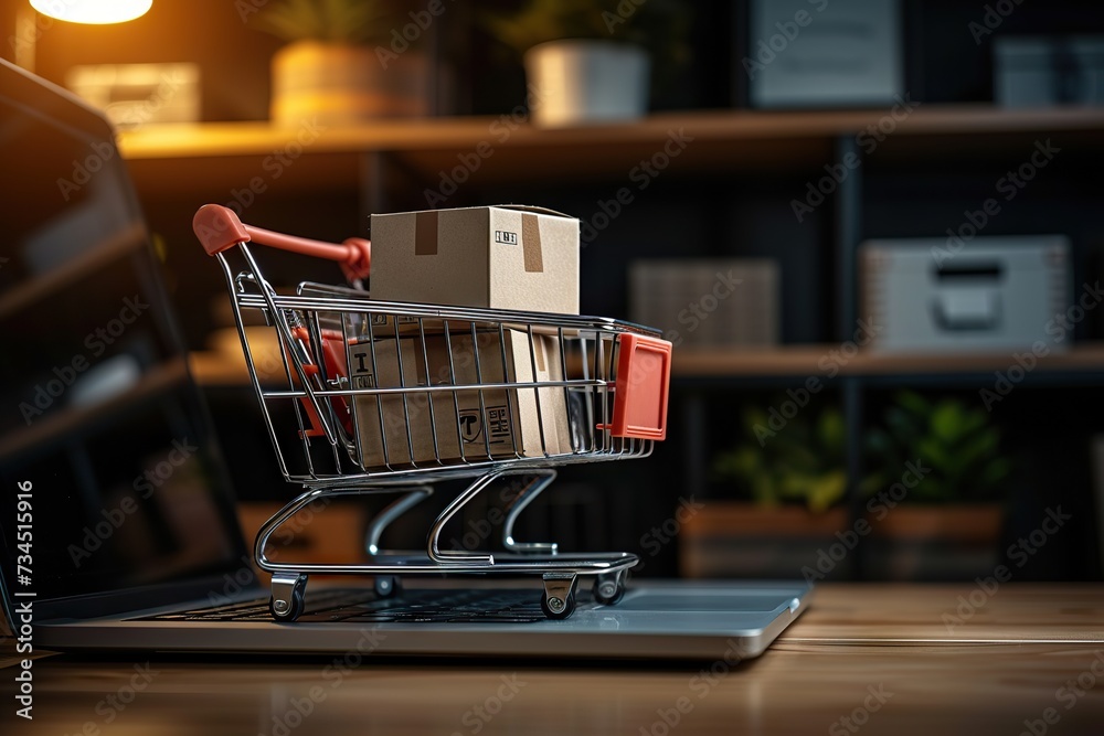 Online Shopping Concept Miniature Cart Filled with Boxes on a Laptop Keyboard, Illuminated Workspace Background