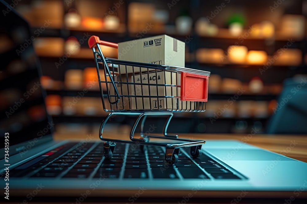Online Shopping Concept Miniature Cart Filled with Boxes on a Laptop Keyboard, Illuminated Workspace Background