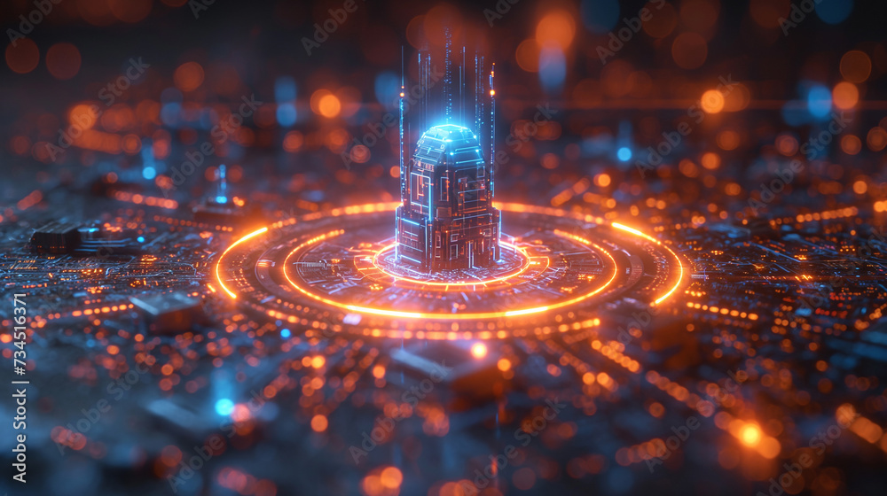 A building in a digital neon circle. digital house concept. future technology growing concept. digital marketing concept. A building in a digital neon circle. digital house concept. future technology growing concept. digital marketing concept.