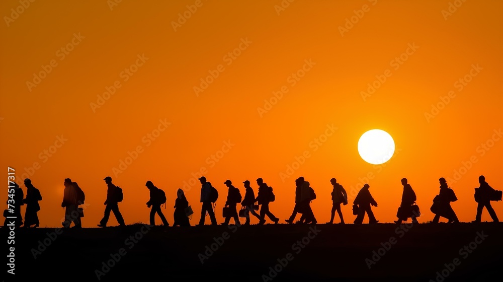 Silhouettes of many people busily moving to get to work on the streets of Egypt where the sun rises in the early morning. generative AI