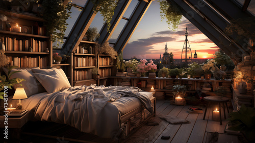 interior design of rooftop attic room with book and plant concept