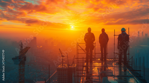 Silhouettes of Construction Crew at Dawn Overlooking a City Skyline Under Construction