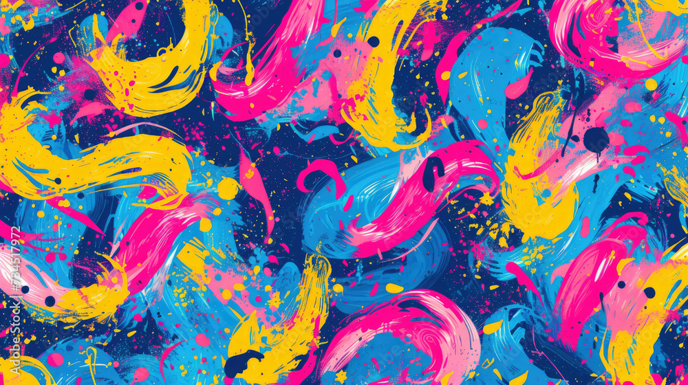 An energetic abstract expressionist painting, bursting with bright summer hues of pink, blue, and yellow with bold brushstrokes.
