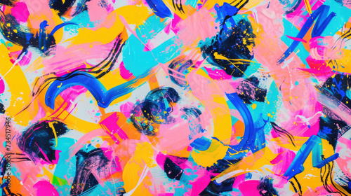 An energetic abstract expressionist painting  bursting with bright summer hues of pink  blue  and yellow with bold brushstrokes. 